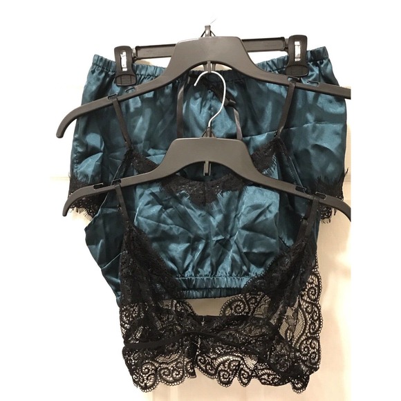 3 Piece Lingerie Lounge Set XL, Satin and Lace, Dark Green & Black - Picture 1 of 15